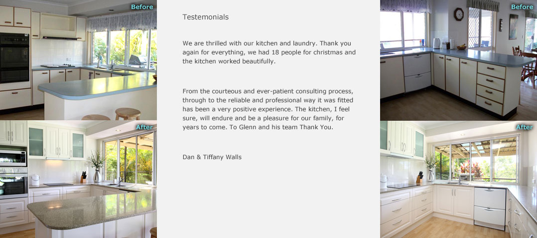 We were thrilled with our kitchen and laundry. Thank you again for everything, we had 18 people for Christmas and the kitchen worked beautifully. From the courteus and ever patient consulting process, through to the reliable and professional way it was fitted has been a very positive experience. The kitchen, I feel sure, will endure and be a pleasure for our family, for years to come. To Glenn and his team thank you. Dan & Tiffany Walls.